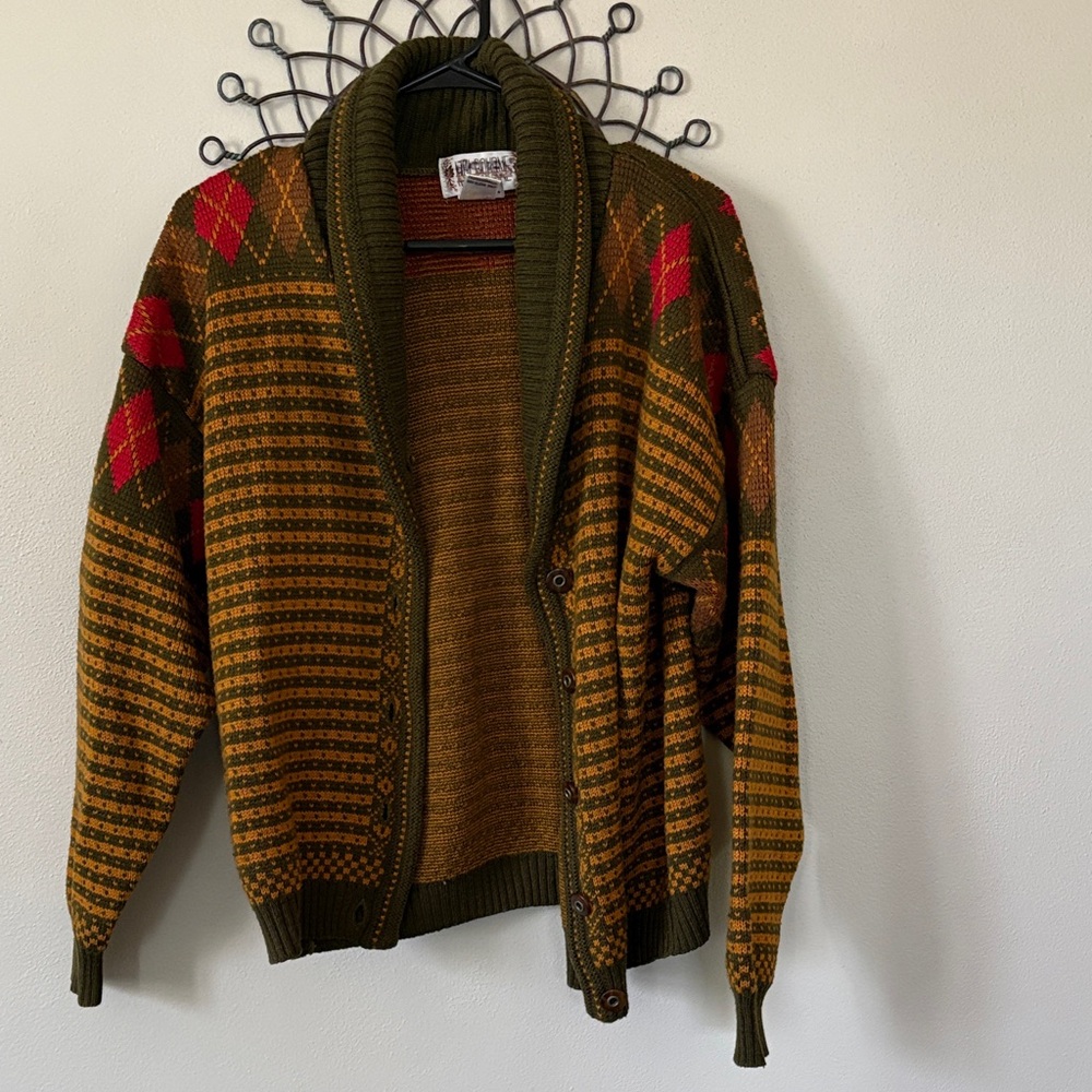 Vintage Olive & Rust Patterned Shawl Cardigan Sweater